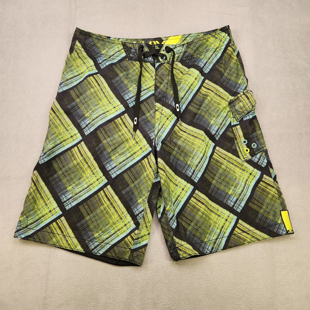 Oakley Hybrid Board Shorts Men's 34 Lime Green Checkered Plaid Cargo Zip 11" - Picture 1 of 6